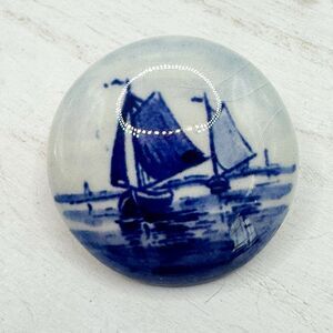 Vintage Blue And White Delft Signed Holland Ceramic Sail Boat Ship Brooch Pin